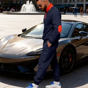 Professional men's navy blue heavy fleece tracksuit set with stylish orange elbow patches.