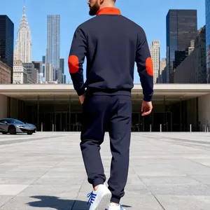 Men's heavyweight fleece tracksuit set with stand collar in navy and orange detail