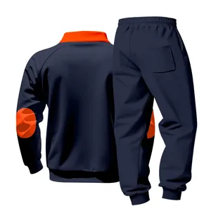 Back view of navy blue heavyweight fleece tracksuit set with vibrant orange accents