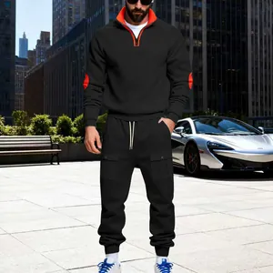 Men's heavy fleece tracksuit set with stand collar in urban street setting