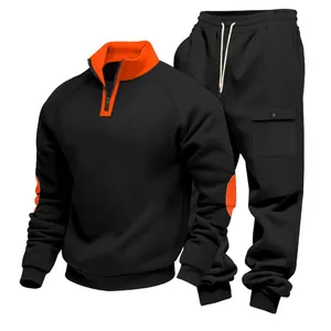 Men's black heavy fleece tracksuit set with orange stand collar and elbow patches
