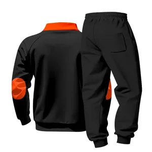 Back view of men's heavy fleece tracksuit with orange collar and elbow details