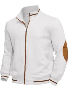 Close-up detail of men's white textured cardigan jacket with stylish brown contrast accents.
