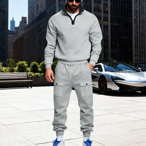 Full view of grey men's heavy fleece leisure suit with cargo pockets and half-zip