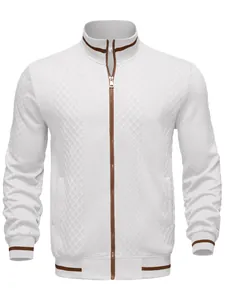 Detail of white men's zip-up cardigan with brown contrast trim and textured knit