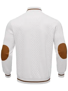 Back view of men's casual white sweatshirt with brown elbow patches and diamond texture