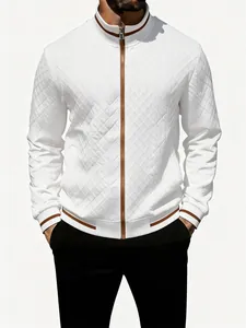 Men's stylish white quilted jacket with contrast brown zipper and ribbing detail.