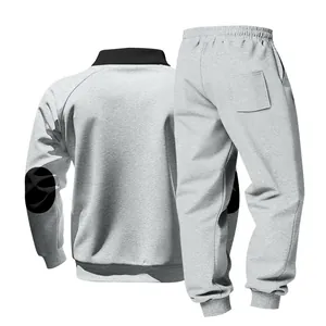 Back view of men's gray heavyweight fleece sweatshirt and sweatpants set with elbow patches