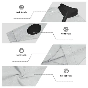 Detail view of men's fleece sweatshirt: stand collar, elbow patch and hem texture
