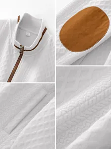 Detailed views of men's casual white jacket with quilted texture and brown elbow patches