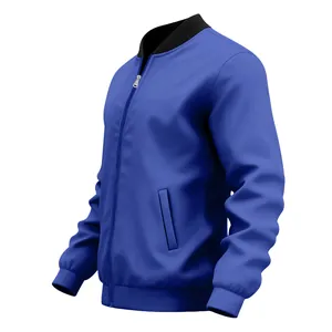 Detailed side view of a premium blue men's pilot bomber jacket with ribbed collar