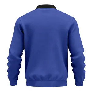 Back view of a men's classic blue minimalist bomber jacket with black ribbed collar and cuffs