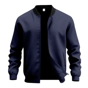 Detail of a navy blue men's vintage bomber jacket with a zip-up front and stand collar design