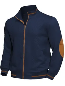Detailed view of men's navy zip-up sweatshirt with brown contrast accents and texture