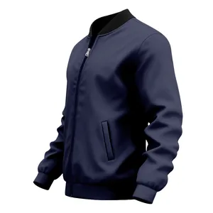 Close-up side view of navy blue men's retro pilot bomber jacket with ribbed collar and zipper