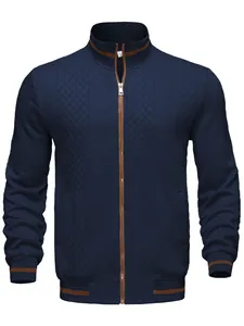 Macro view showing detailed texture of navy blue zip-up cardigan with brown stripes