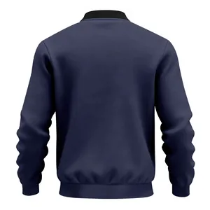 Back view of a men's navy blue vintage bomber jacket with a black ribbed stand collar.