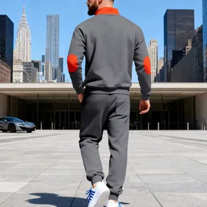Rear view of men's heavyweight fleece tracksuit set with orange elbow patches