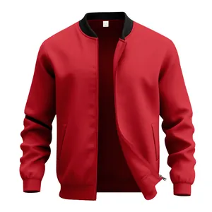 Detail of a men's red retro bomber jacket with stand collar and zipper closure
