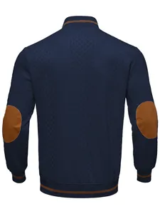 Back view of men's navy casual jacket with brown elbow patches and striped trim