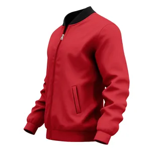 Detailed side view of a red men's bomber jacket with black ribbed collar and cuffs