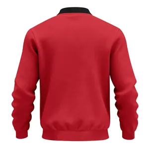 Back view detail of a vibrant red men's bomber jacket with black ribbed collar and cuffs