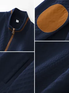 Close-up details of navy textured men's zip-up cardigan with brown elbow patch
