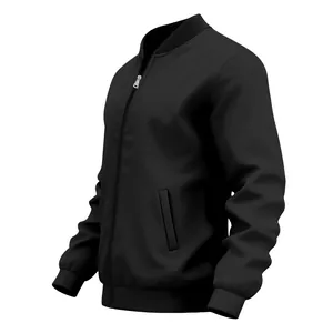 Side view of a minimalist black men's bomber jacket with stand collar