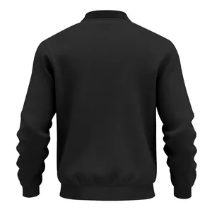 Back view of a minimalist black men's bomber jacket with ribbed collar and cuffs