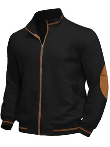 Detail view of men's casual black jacket with brown accents and diamond texture