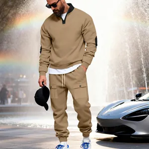 Detail view of men's khaki heavy fleece stand collar sweatshirt and cargo sweatpants set