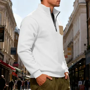 Men's heavyweight white fleece sweatshirt with stand collar and khaki chest pocket