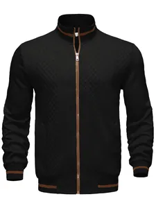 Close-up of black men's zip-up sweatshirt with textured pattern and brown trim