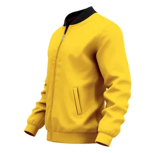 Side view detail of a vintage style yellow men's bomber jacket with black ribbed collar