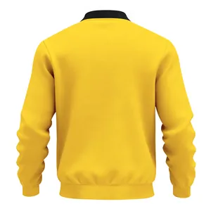 Back view of men's retro yellow bomber jacket featuring black ribbed collar and cuffs