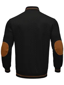 Rear view of black men's casual jacket with brown elbow patches and textured pattern