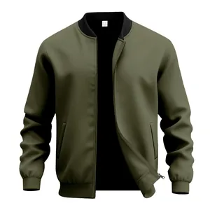 Detailed view of a minimalist olive green men's bomber jacket with ribbed collar and zipper