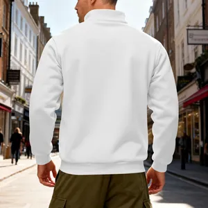 Detailed back view of a men's heavy fleece quarter-zip sweatshirt in white urban street style