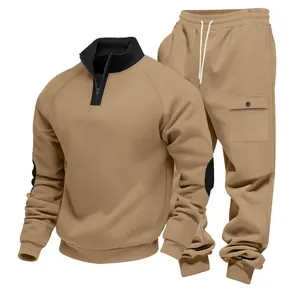 Detailed view of men's heavy fleece stand collar casual cargo tracksuit set in khaki