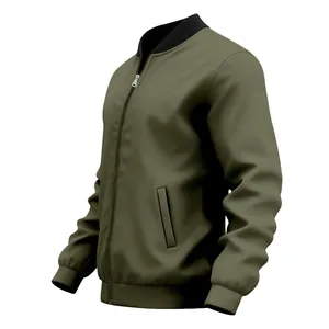 Detailed side view of a minimalist olive green men's vintage bomber jacket with zip