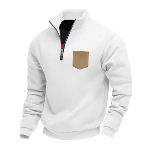Macro view of white American style quarter-zip fleece sweatshirt with tan chest pocket