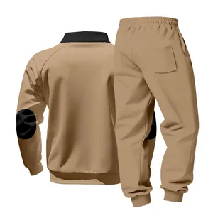 Back view of premium men's heavy fleece stand collar tracksuit set in stylish khaki color