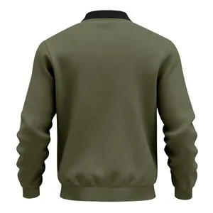 Back view of a minimalist army green men's bomber jacket with black ribbed trim details
