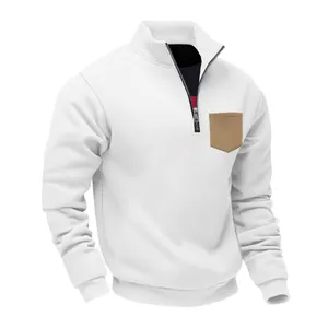 Men's heavyweight fleece sweatshirt featuring a stand collar, quarter zip and khaki pocket.