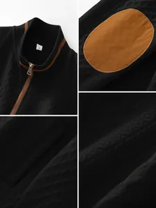 Detailed shots of black men's sweatshirt with brown elbow patches and texture