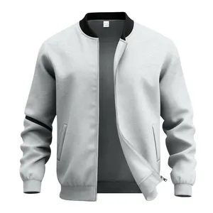 Detail view of light grey men's vintage bomber jacket with black stand collar