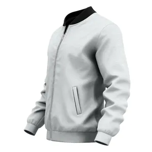 Men's light grey vintage bomber jacket with black ribbed collar and cuffs detail shot.
