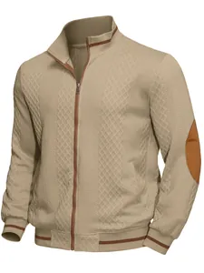 Detail of men's khaki zip-up jacket with contrast elbow patches and texture
