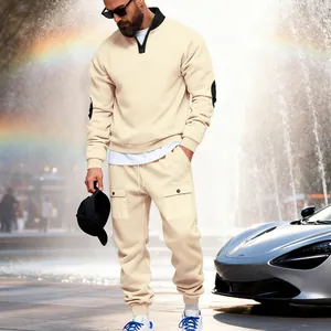 Premium men's heavy fleece beige tracksuit set with stand collar and cargo pants
