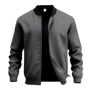Detail shot of a men's vintage grey zip-up bomber jacket with a stand collar